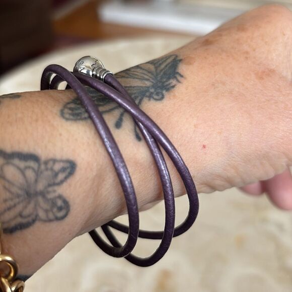 Pandora Smooth Triple Wrap Purple Leather & Sterling Silver Bracelet - 24” Rare - Picture 7 of 8
